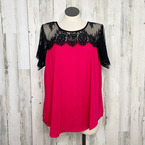 Torrid Lace Inset Top Red Black Short Sleeve Flowy Business Preppy Size 2X - Picture 11 of 11